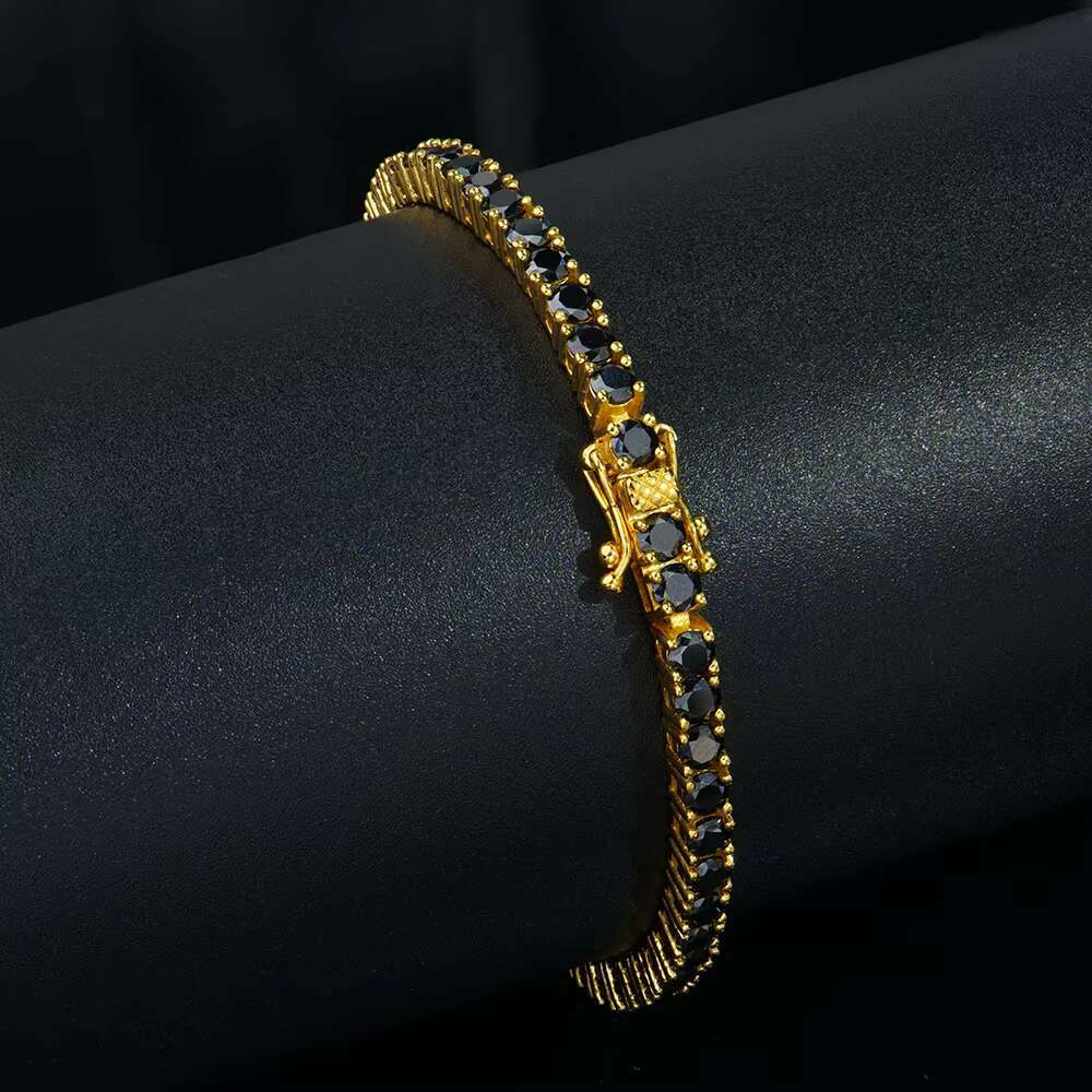 Wholesale Hiphop Jewelry 925 Sterling Silver Yellow Gold Plated Round Shape Black Moissanite Diamond Tennis Link Chain Bracelet