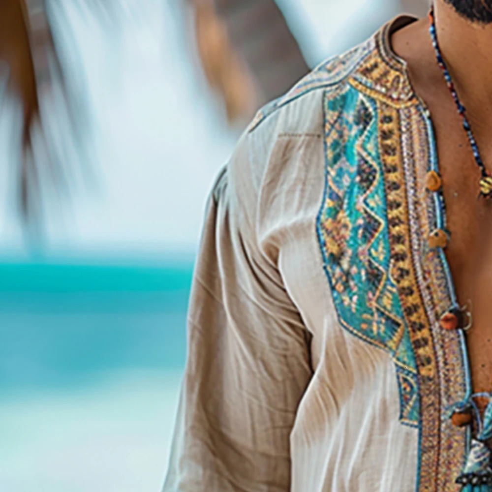 Ethnic Mens Linen Shirt Autumn Long Sleeve Male Clothing Fashion Streetwear V-Neck Print Men Blouse Tops Plus Size Causal Shirt 250704
