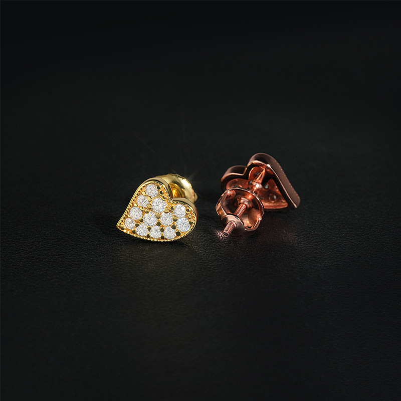 Special Design Sterling Silver Peach Heart White Rose Gold Small Stud Earrings Mini Heart Pave Moissanite Diamond Stud Earrings