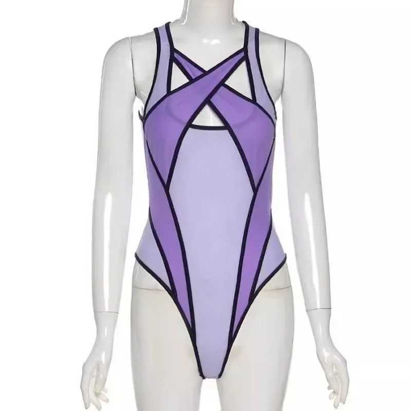 2-Piece Interesting Underwear Sexy Womens Mesh See-through Contrast Color Halterneck Jumpsuit Sexy Underwear Set New W250724