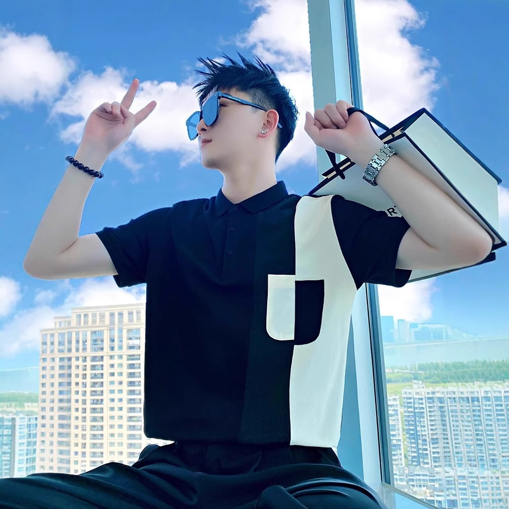 Light Designer Short Sleeves Luxury Summer Patchwork Polo Shirt Short Sleeve Men 2025 New Summer Half Sleeve Top Korean Style Color Block T-shirt Men&