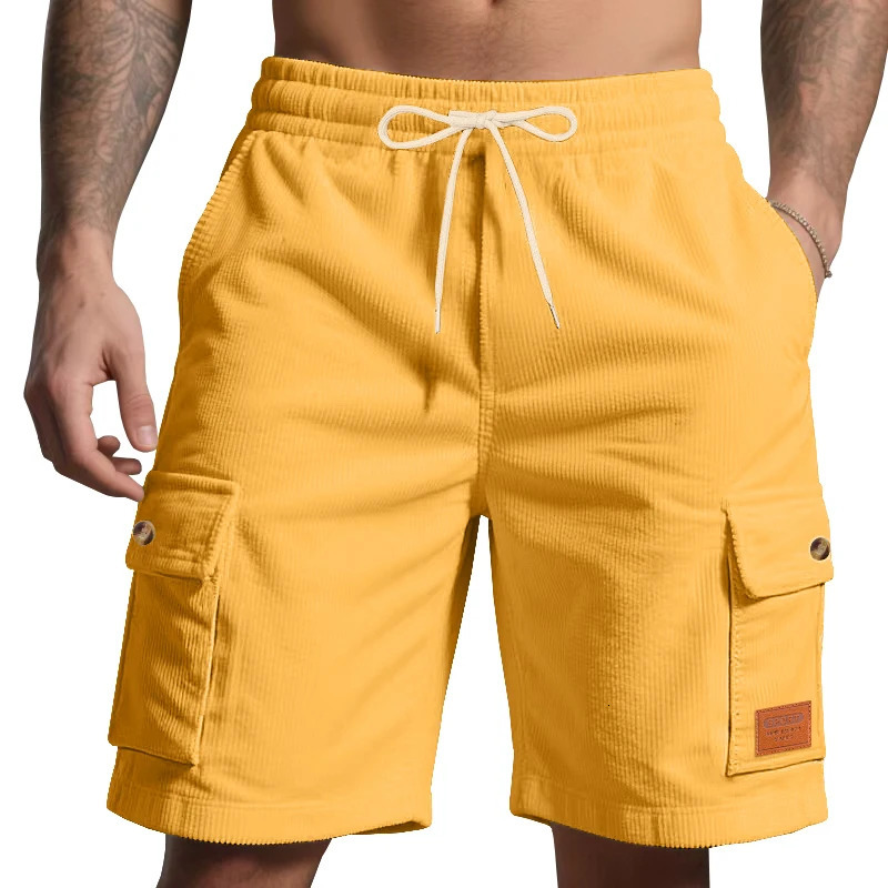 High-Quality Corduroy Solid-Colored Shorts For Men In Summer Casual Shorts With Leather Labels And Trendy Beach Sports Shorts 250704