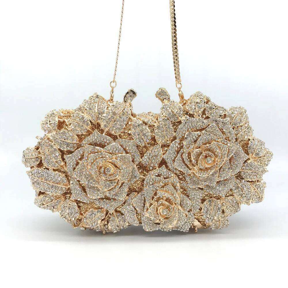 Golden Sier Crystals Evening Fashion Rose Flower Dias Clutch Bags Soiree Purse Women Wedding Bride Handbags