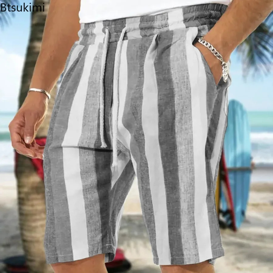 Trendy Contrast Color Striped Shorts for Men Comfy Cotton Linen Summer Casual Drawstring Beach Shorts Men Loose Sport Yoga Pants 250704