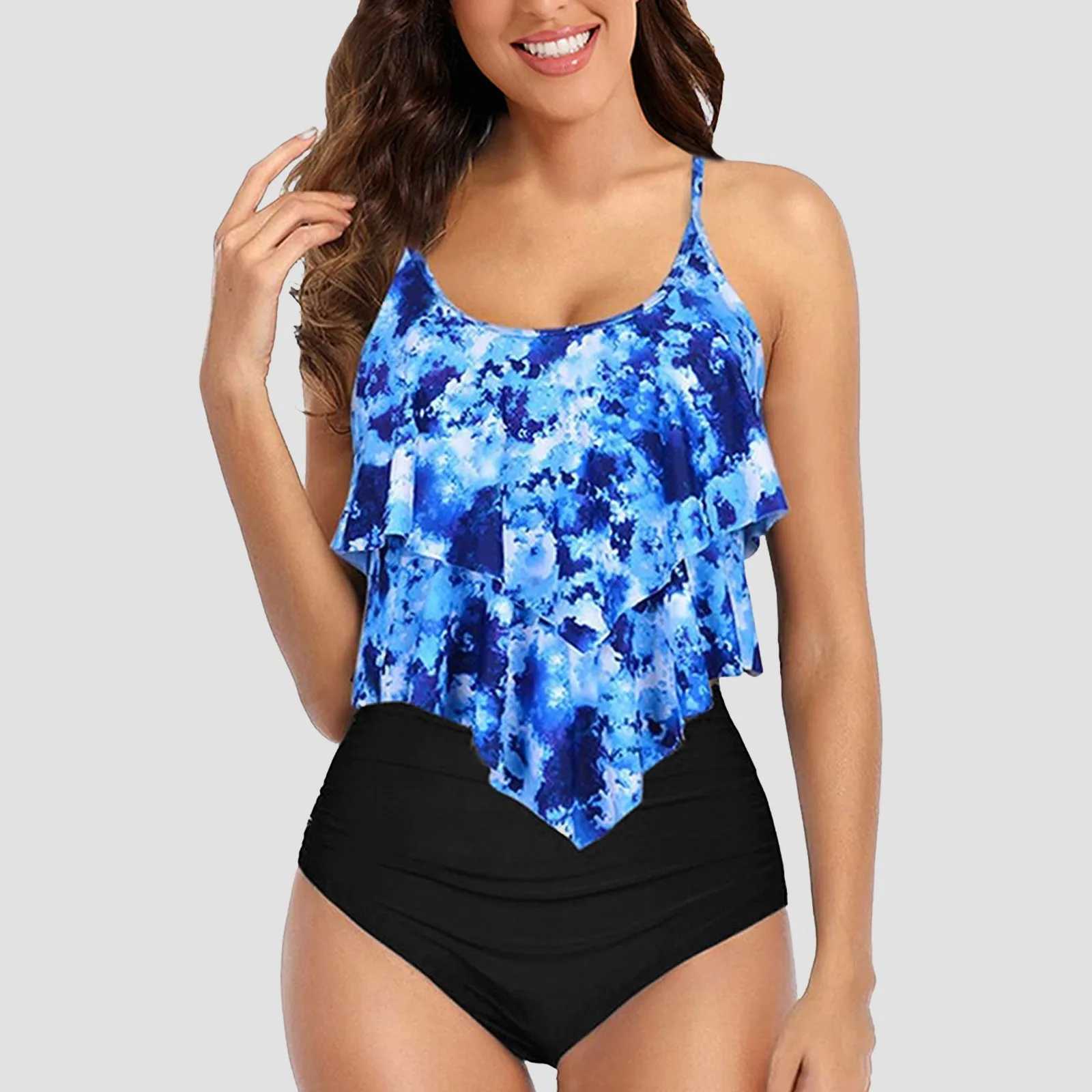 2 Pcs Women Monokini Sets Leopard Split Conservative Bathing Suits Ruffles Hem Tank Tops With Bikini Bottoms Beachwear Swimsuit XJ250624