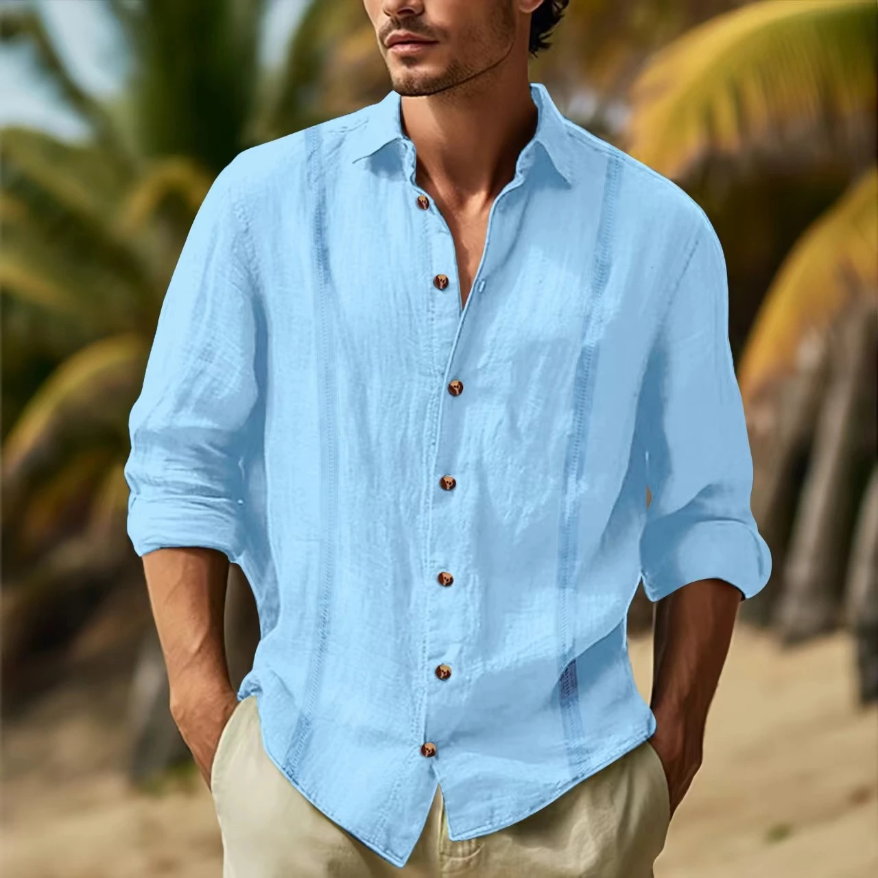 spring and autumn mens long sleeve lapel double ribbon splicing solid color Cuba Guayabella cotton hemp casual shirt 250704