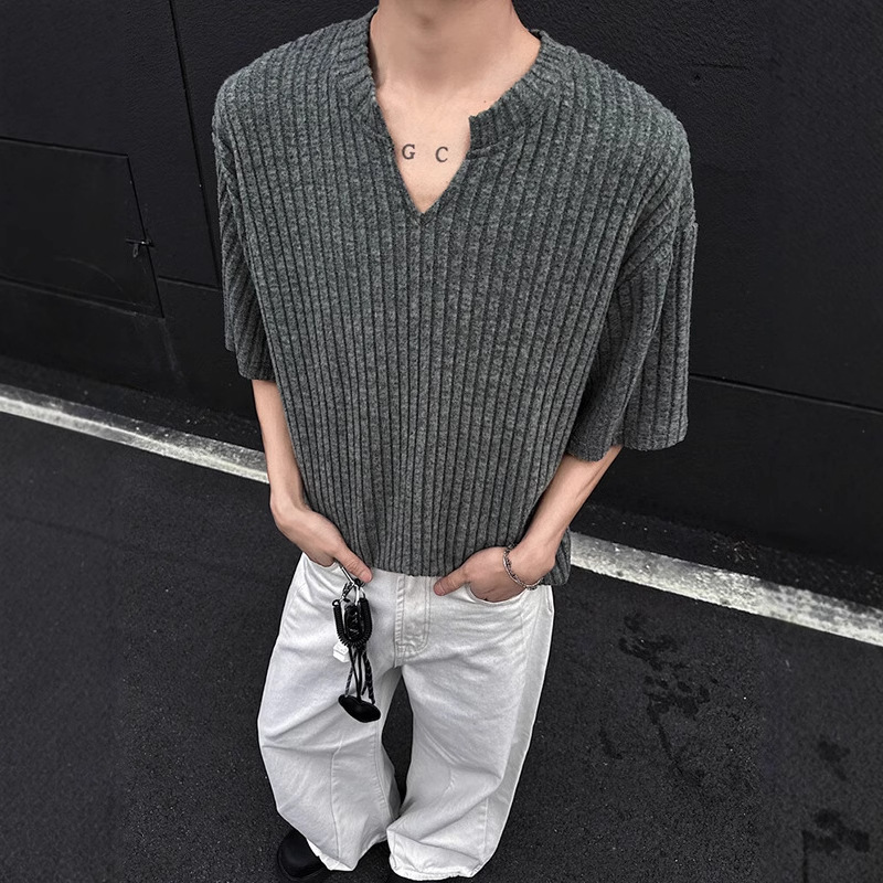 V-neck Designer Short Sleeves Brushed High-end Short Sleeve T-shirt For Men, Summer New Ribbed Five-point Sleeve Cleanfit Textured T-shirt