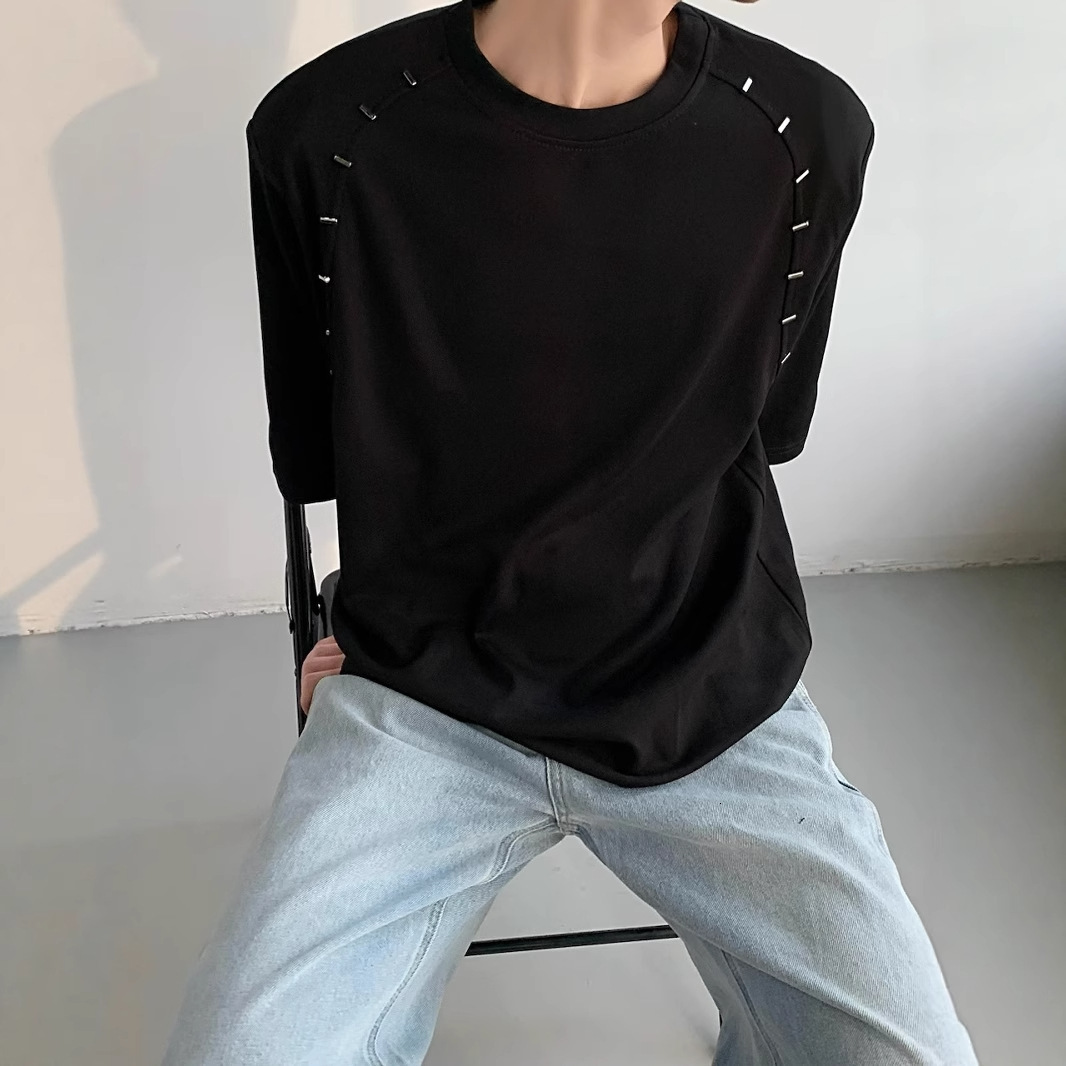 Designer Short Sleeves Summer Korean Version Loose Heavyweight No Shoulder Pad Short Sleeve T-shirt Metal Design Sense Half Sleeve Base Shirt Niche Un