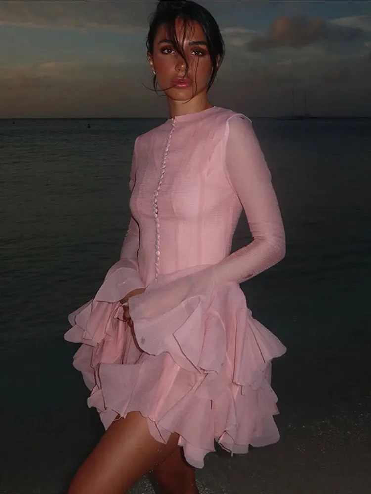 Puffy Flared Long Sleeve Dress Waist Cinched Round Neck Big Skirt Hem Party Gown French Slim Fit Fairy Short Dresses Summer 250704