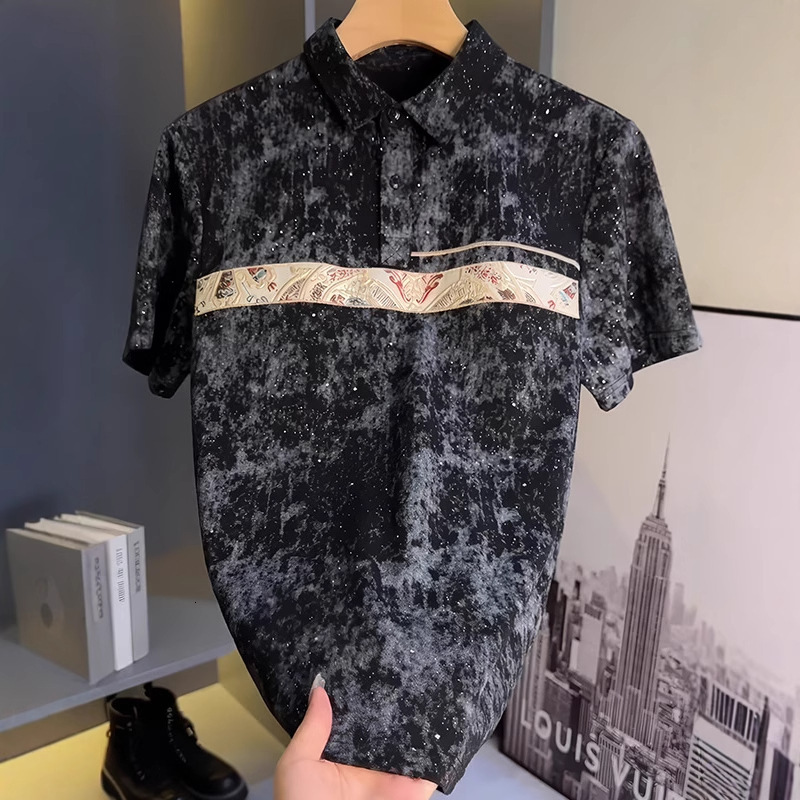 Summer New Starry Sky Tie-dye Embroidery Design Designer Short Sleeves Turn-down Collar Polo Shirt Men's Versatile Casual Slim Fit Short Sleeve T