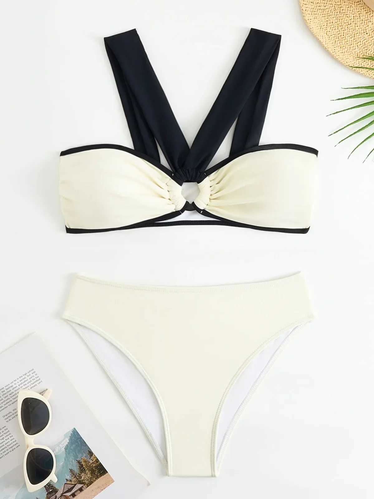 Womens 3-piece Swimsuit for Women Long Sleeve Mesh Long Cover-ups Bikini Set Beige Cross Bandage Backless Beach Swimwear 2024 XJ250624