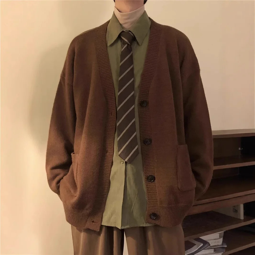 Spring Autumn American Vintage Preppy Style Mens Knitted Cardigan Sweater Loose Fit Top Jacket Casual Crew Neck 250704