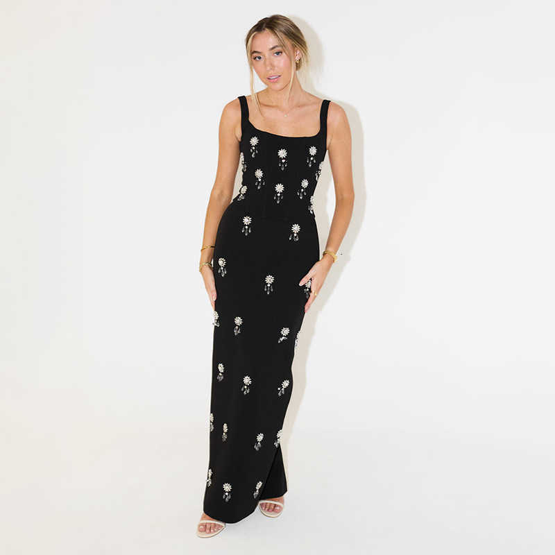 Fashion Evening Dress Women's Sleeveless Square Neck Crystal Embellished Socialite Style Backless Slit Long Dress Set