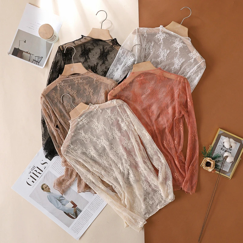 Trendy Sexy Women Mesh T-Shirts Transparent Lace Blouse Long Sleeve See Through Tops for Women O Neck Sheer Tees Body Crop Top 250702