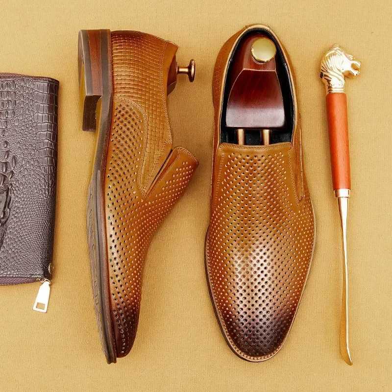 Mens Summer Breathable Dress Shoes Luxury Genuine Leather 2024 Designer Hollow British Style Black Wedding Shoes Loafers for Men W250705