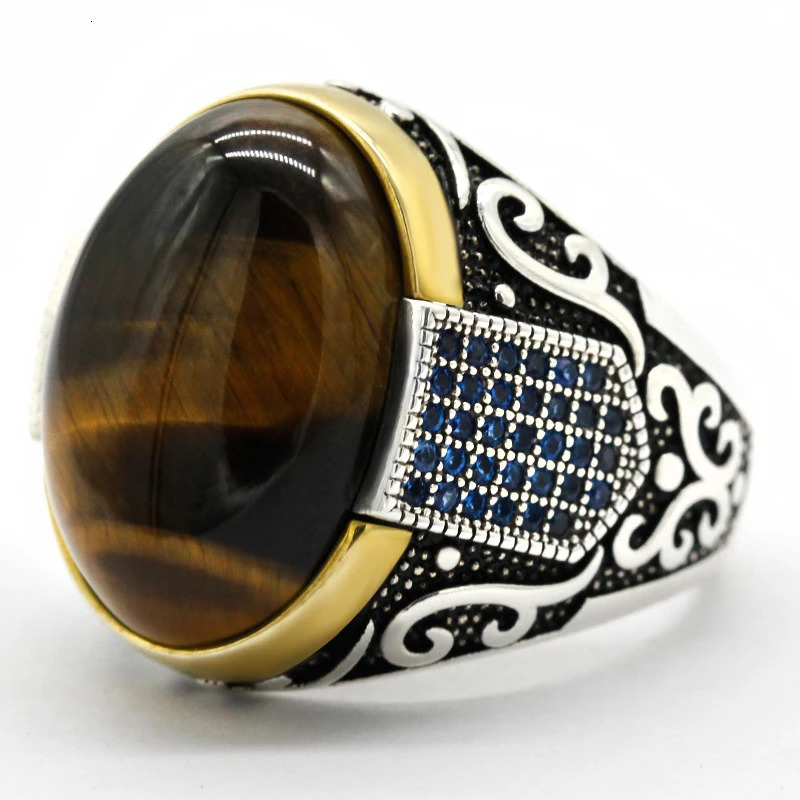 Seven Color S925 Sterling Silver Antique turkiye Blue Zircon and Agate Punk Rock Hand made Mens Ring Gift 250716