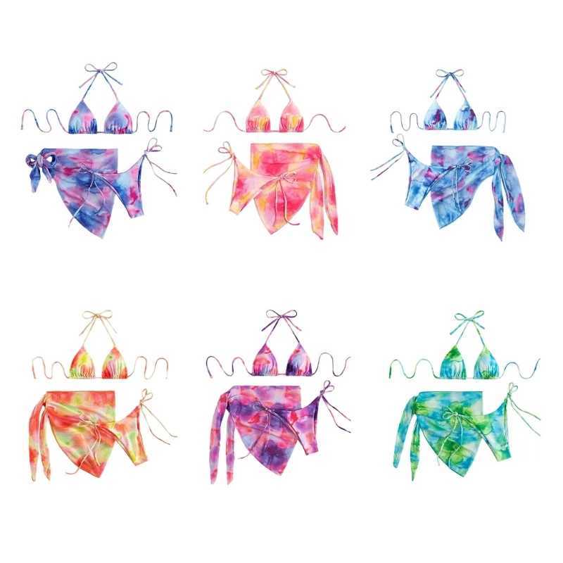 Fashion Tie Dye Bathing Suit for Women 3 Pieces Lace Up Swimsuit Halter Bikinis G99D XJ250624