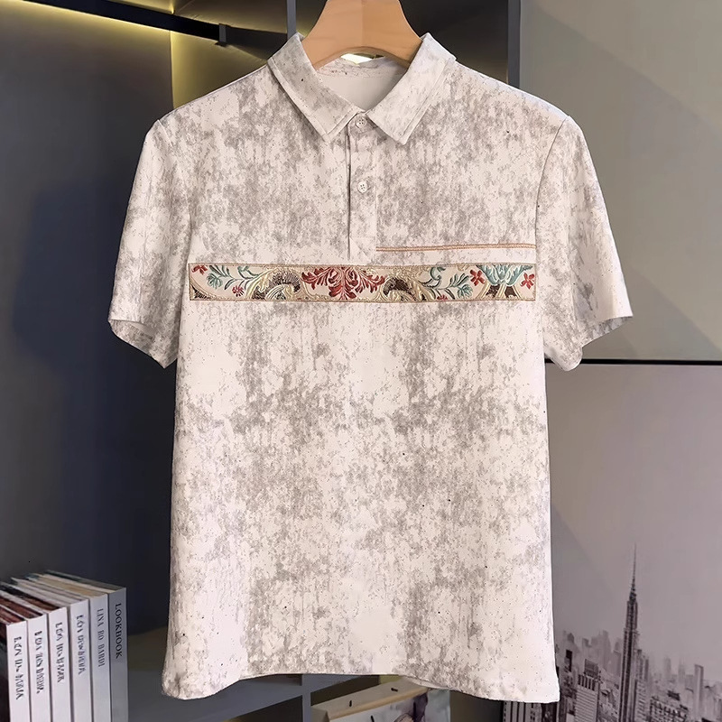 Summer New Starry Sky Tie-dye Embroidery Design Designer Short Sleeves Turn-down Collar Polo Shirt Men's Versatile Casual Slim Fit Short Sleeve T