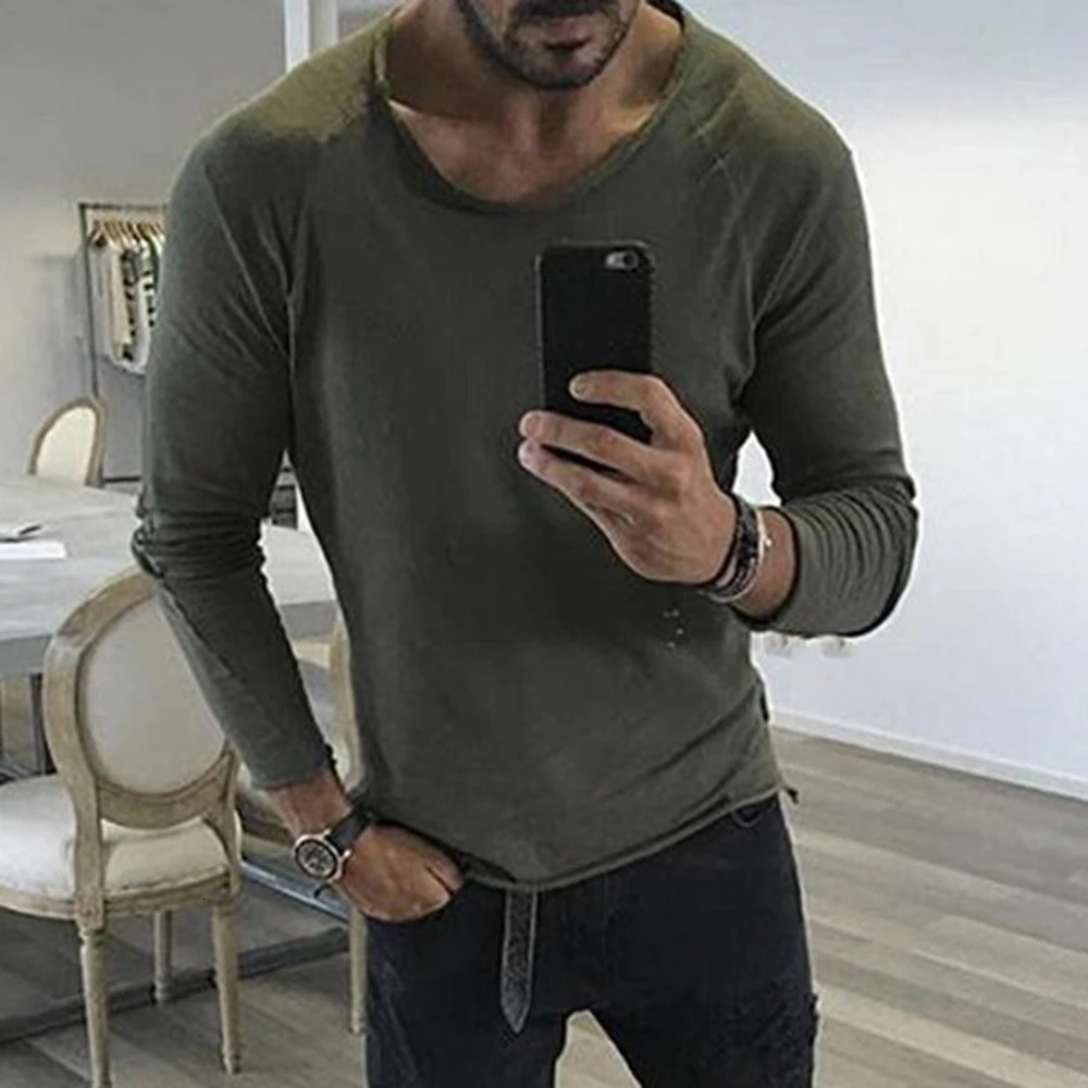 Mens Casual Round Neck Top Autumn And Winter Fit Youth Personality Raw Edge Solid Color Long-Sleeved T-Shirts For Men 250704