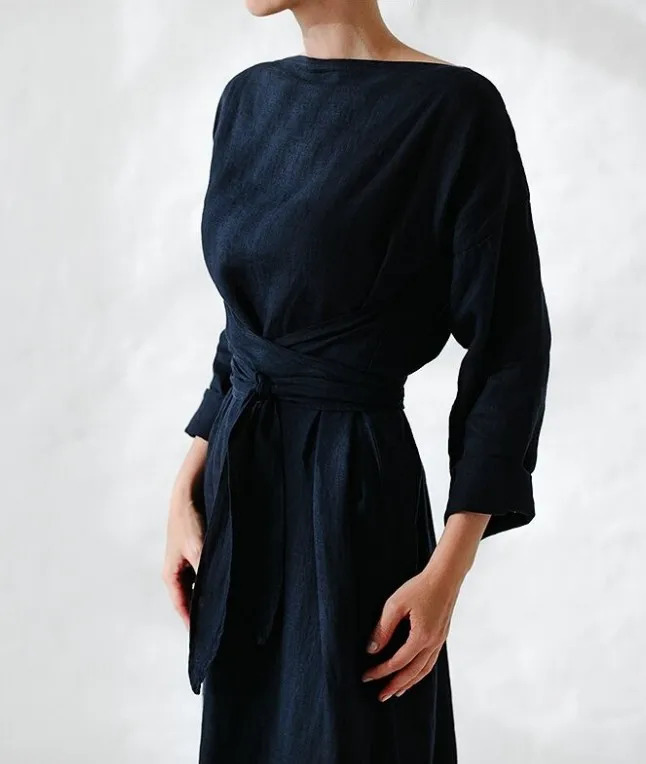Women Elegance Audrey Hepburn Style Round Neck 34 Puff Sleeve Swing Maxi Dress Long Belt Dresses with Pockets 250704