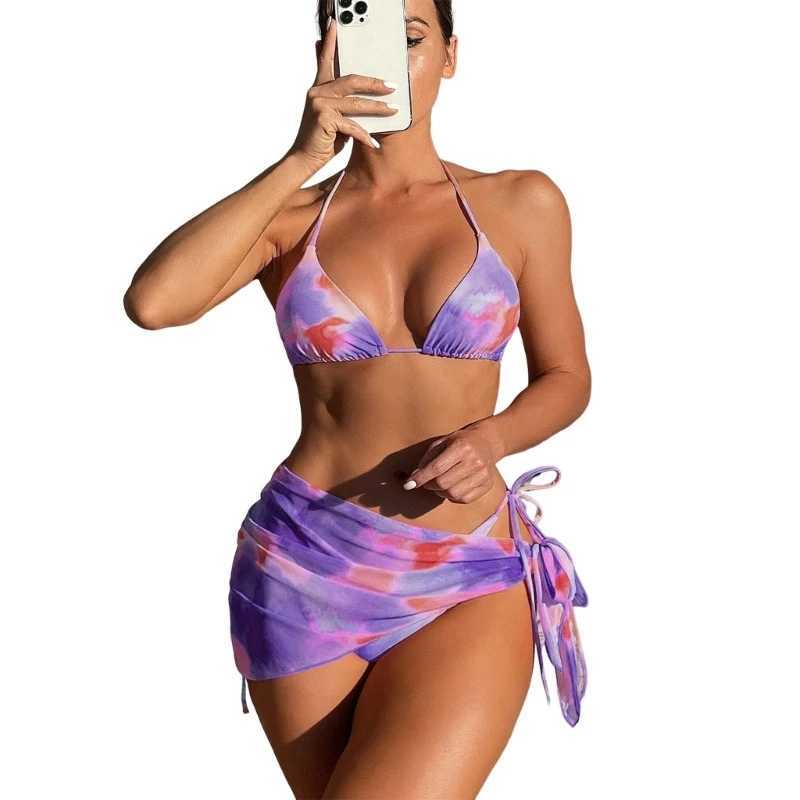 Fashion Tie Dye Bathing Suit for Women 3 Pieces Lace Up Swimsuit Halter Bikinis G99D XJ250624