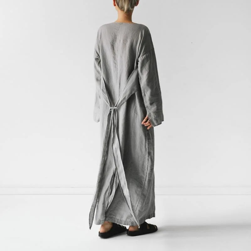 Women Elegance Audrey Hepburn Style Round Neck 34 Puff Sleeve Swing Maxi Dress Long Belt Dresses with Pockets 250704