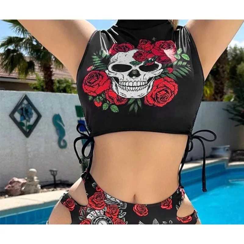 EUropean and American sexy bikini swimsuit new flower skull tight two-piece set cross-border swimsuit womens beachXJ250624