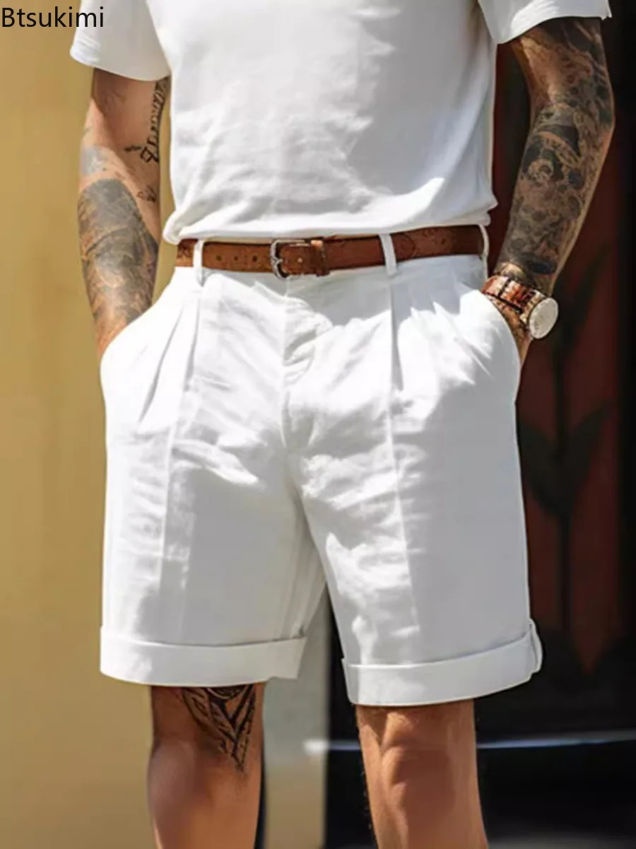 Summer Fashion Solid Cotton Linen Shorts for Men Breathable Pleated Loose Casual Straight Shorts Men Daily Versatile Short Pants 250704