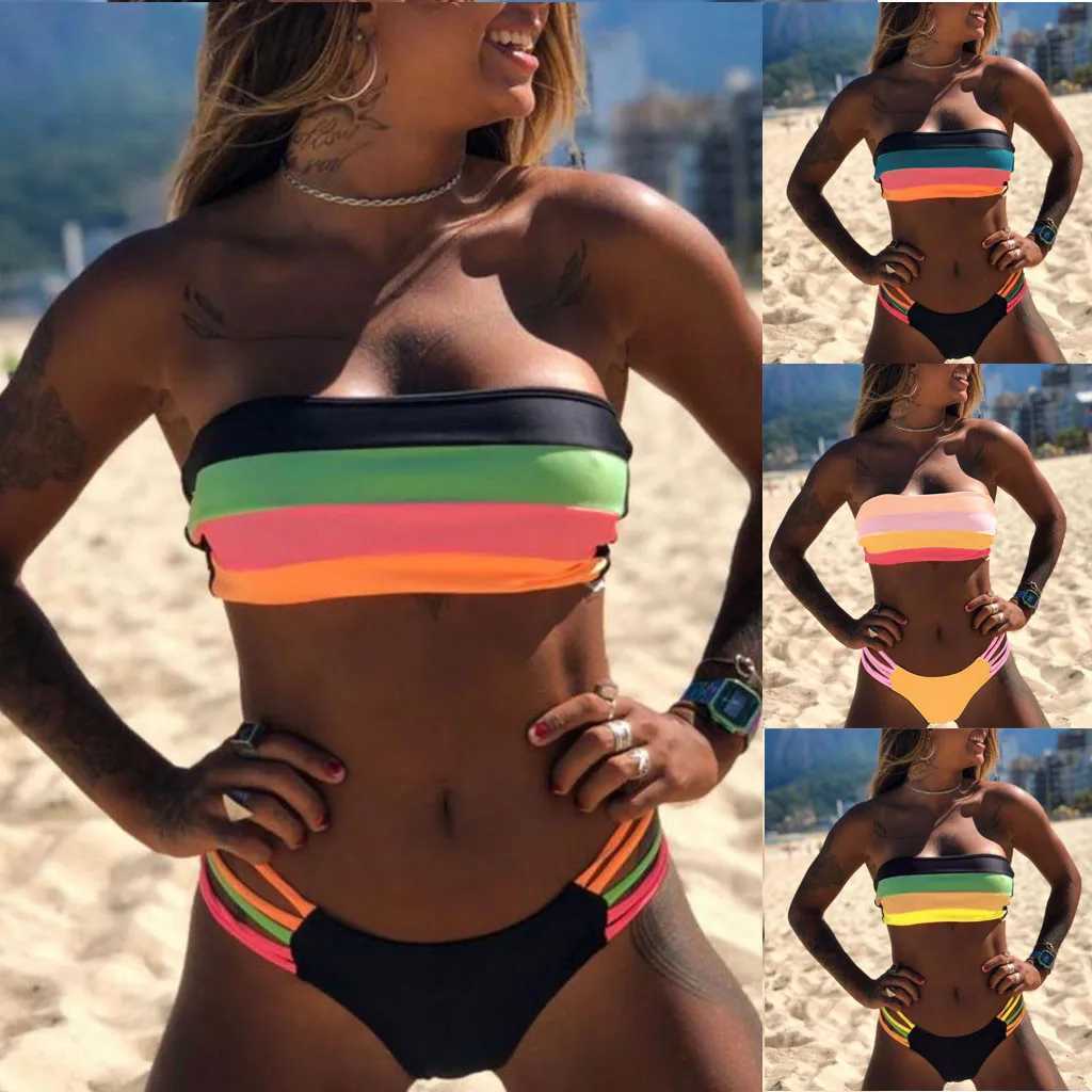 Strapless Bikini Sets Women Swimwear Push-Up Padded Bra Bathing Beachwear Female Colored Stripes Bikini Set Bathing Suit 2024 XJ250624