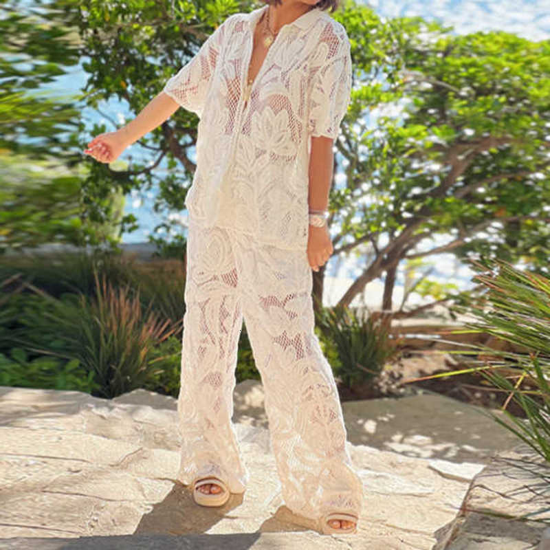 Fashion Evening Dress Summer New and Style Casual Lapel Hollow Out Top and Pants Set