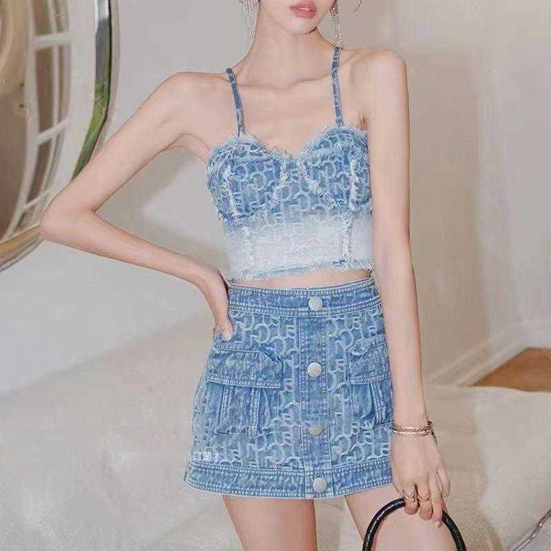 Fashion suit - blue gradient color denim jacquard halter top with frayed edges + pocketed skirt pants trendy