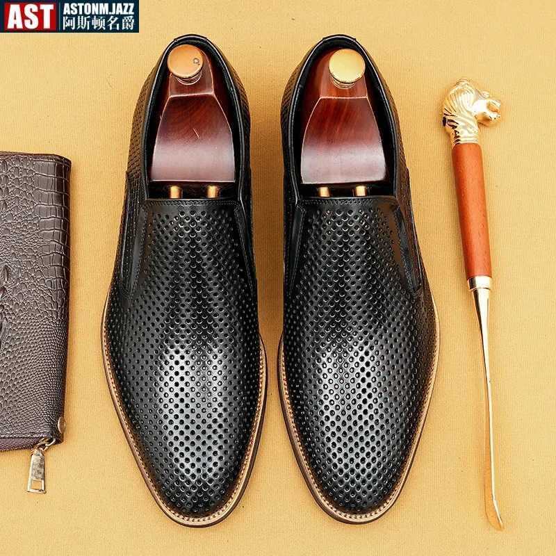 Mens Summer Breathable Dress Shoes Luxury Genuine Leather 2024 Designer Hollow British Style Black Wedding Shoes Loafers for Men W250705
