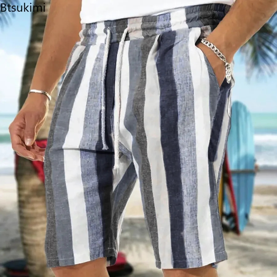 Trendy Contrast Color Striped Shorts for Men Comfy Cotton Linen Summer Casual Drawstring Beach Shorts Men Loose Sport Yoga Pants 250704