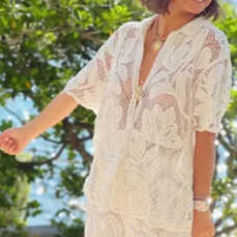 Fashion Evening Dress Summer New and Style Casual Lapel Hollow Out Top and Pants Set