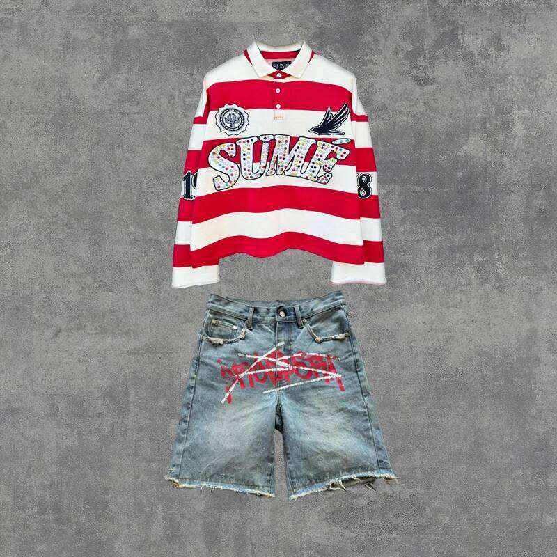 2 Pcs Co-ords Sume Rugby Dia Embroidery Stripe Polo Shirt Y2K Retro Classic Unisex Oversized Long Sleeved Shirts Sets