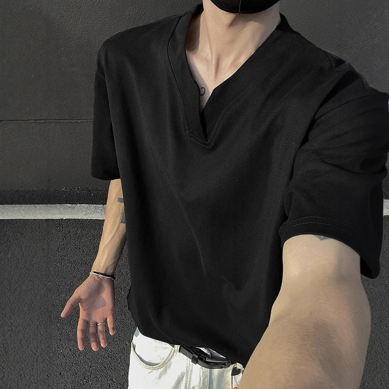 Black Heavyweight Solona T-shirt For Men Summer Cleanfit Henry V-neck Short Sleeve Designer Short Sleeves American High Street Regular Shoulder Half S