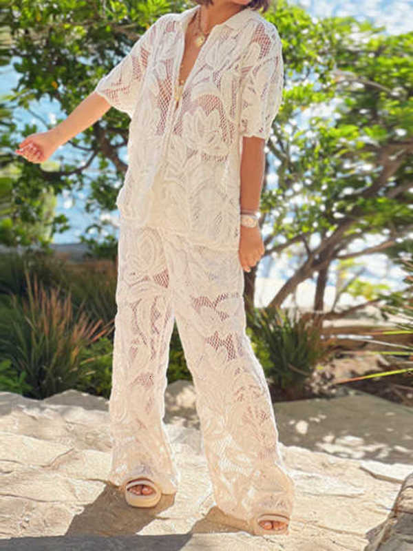 Fashion Evening Dress Summer New and Style Casual Lapel Hollow Out Top and Pants Set