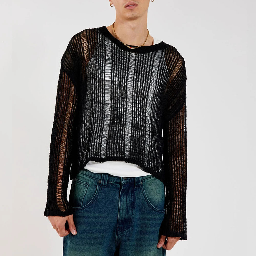 Spring Autumn Sweater T-shirts For Men Elastic Hollow Slinghtly Transparent Long Sleeve Loose Versatile Knitting Tees Tops 250704
