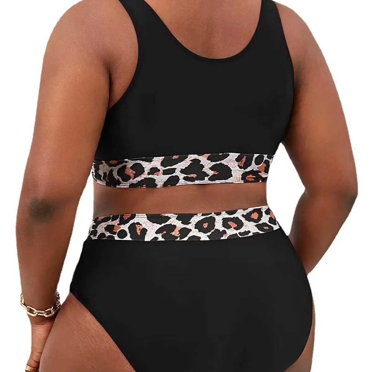 Plus Size 4XL Leopard Print Bikini Set Black Two-Piece High Waisted Swimsuit for Women Tummy Control Bathing Suit Swimsuit XJ250624