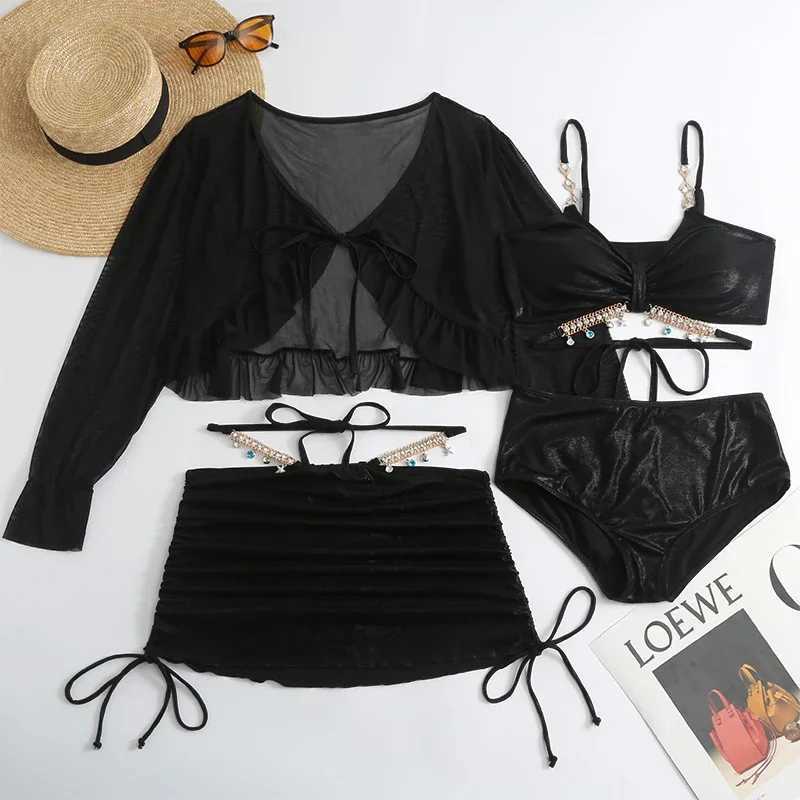 Sexy Bikinis Set Women Swimsuits 4 Piece Tankini Plus Size Transparent Mesh Cover Ups Beach Bikini Swimsuit Swimming ShortsXJ250624