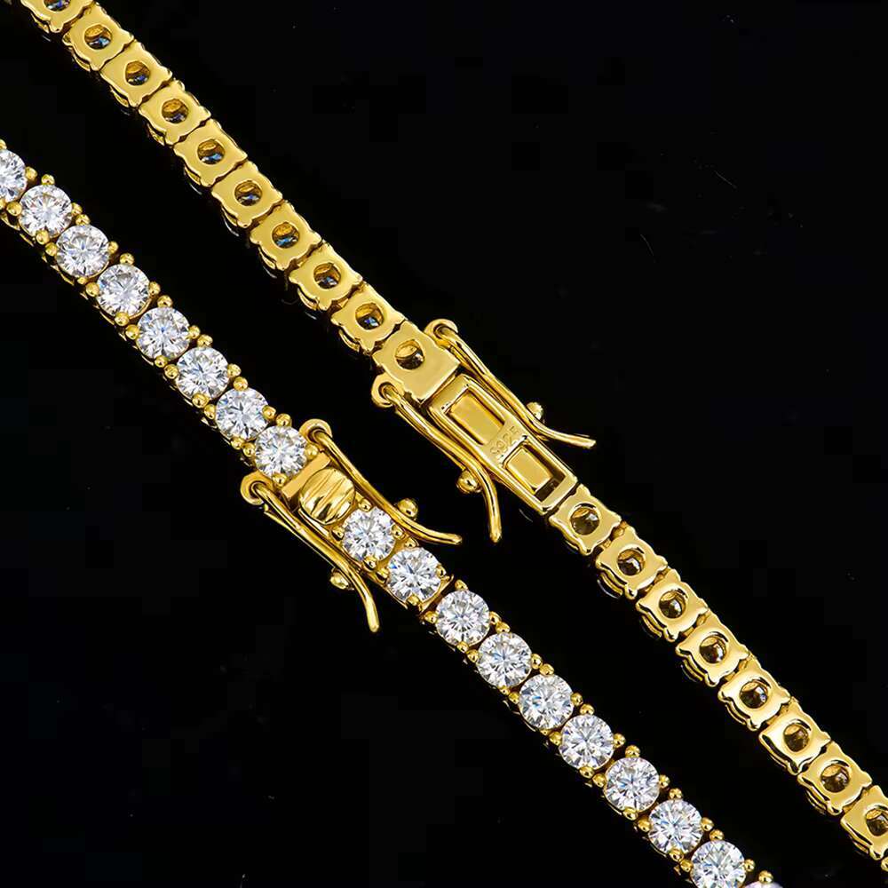 Fine Jewelry 3mm Gold Plated 925 Silver VVS Moissanite Necklace High Quality Fashion Bling Tennis Chain