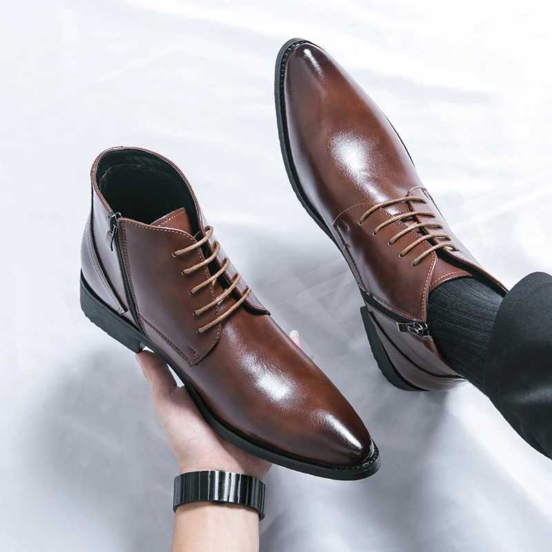 High Quality Mens Leather Oxford Ankle Boots Mens Dress Shoes Yuppie Formal Chelsea Boots Mens Trend Brogue Social Shoes W250705