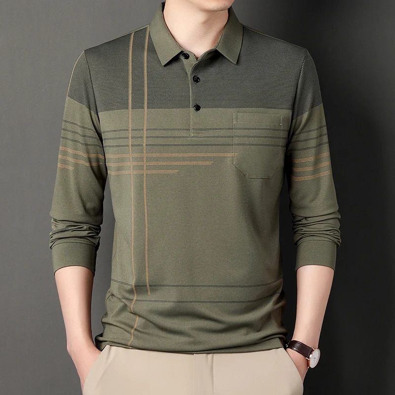 Men Long Sleeve Golf Shirt Button Business Polo Shirt Lapel Casual T-Shirt 250704