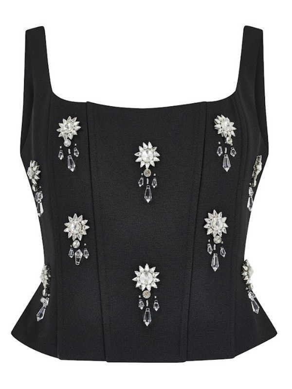 Fashion Evening Dress Women's Sleeveless Square Neck Crystal Embellished Socialite Style Backless Slit Long Dress Set