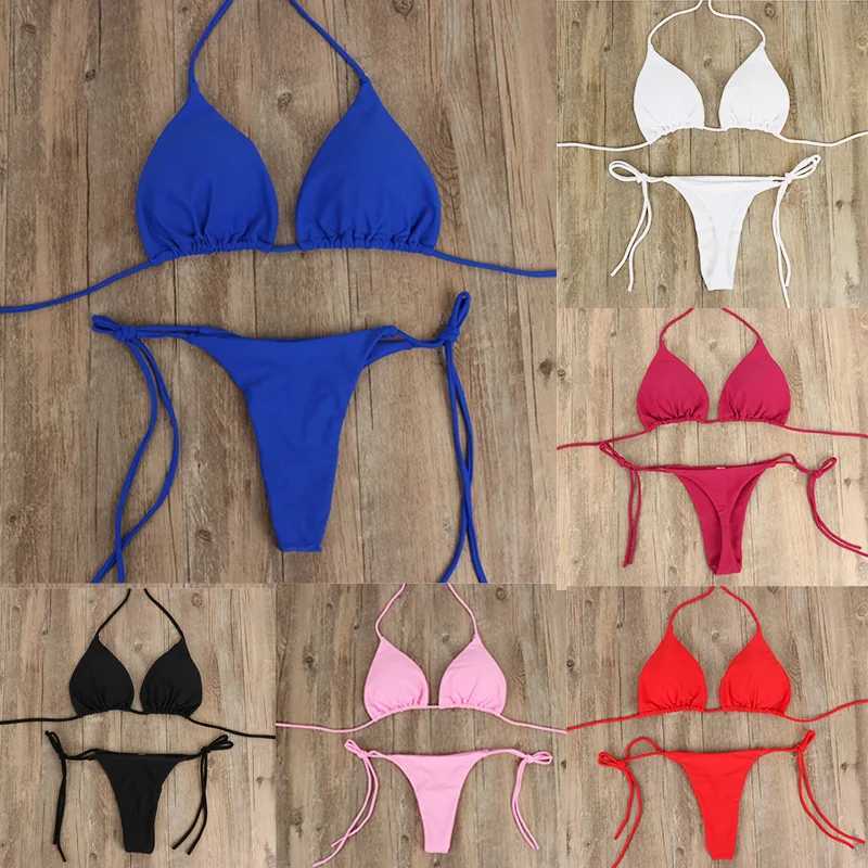 Women Thong Bikini Set Side Lace-up Sexy Swimsuit Bandage Neck Tie Swimwear Adjustable Brazilian Style Bikini Underwear XJ250624