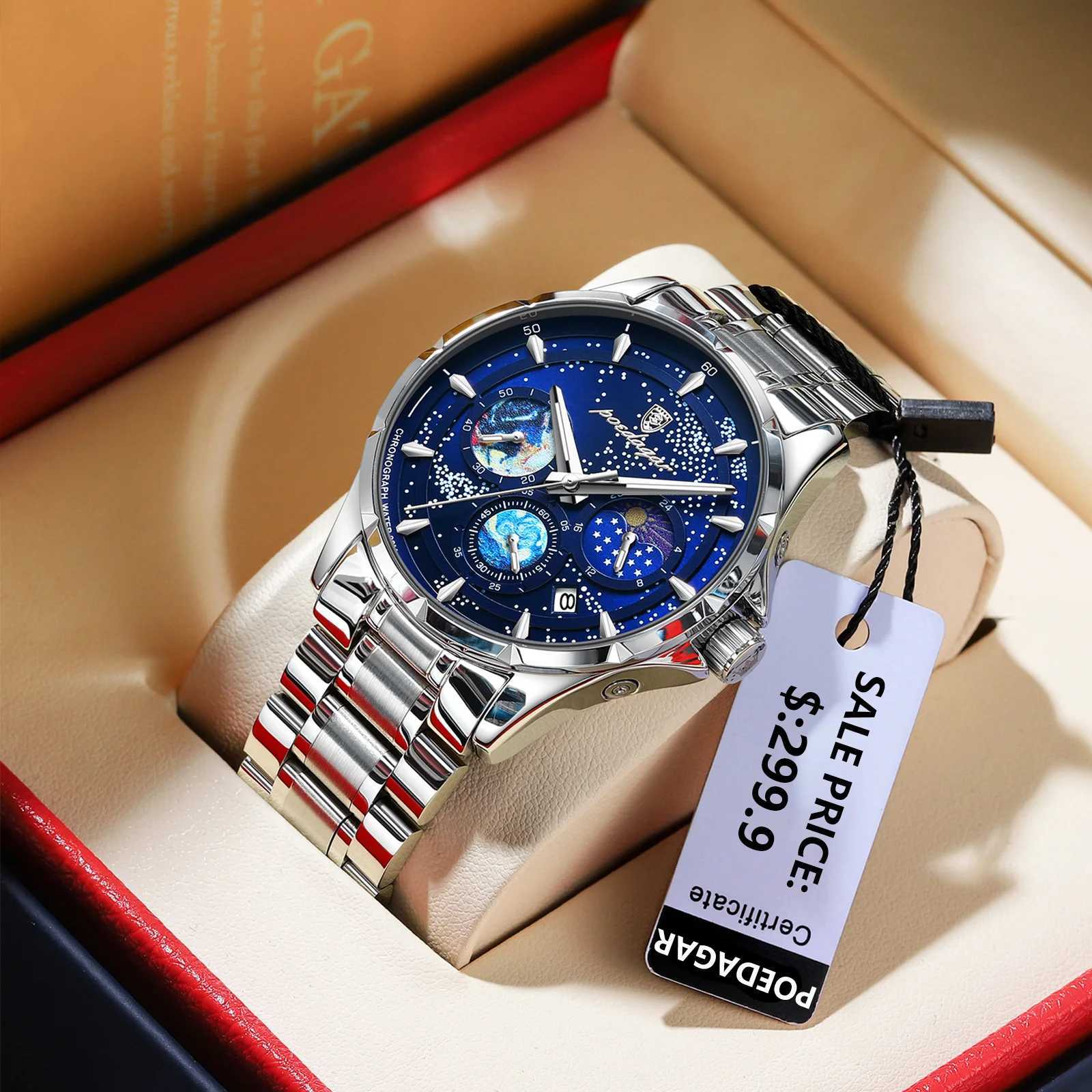 POEDAGAR Luxury Quartz Mens Watch Chronograph Date Mens Stainless Steel Watch Luminous Waterproof Fashion Watches for Men Reloj W250704