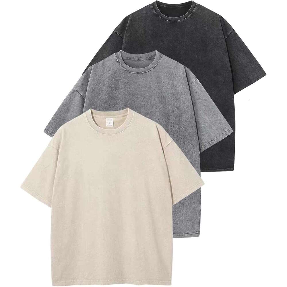 3 Pack Men Oversized T Shirts Vintage Tee Loose Fit Short Sleeve Casual Streetwear Baggy Washed Unisex Tops