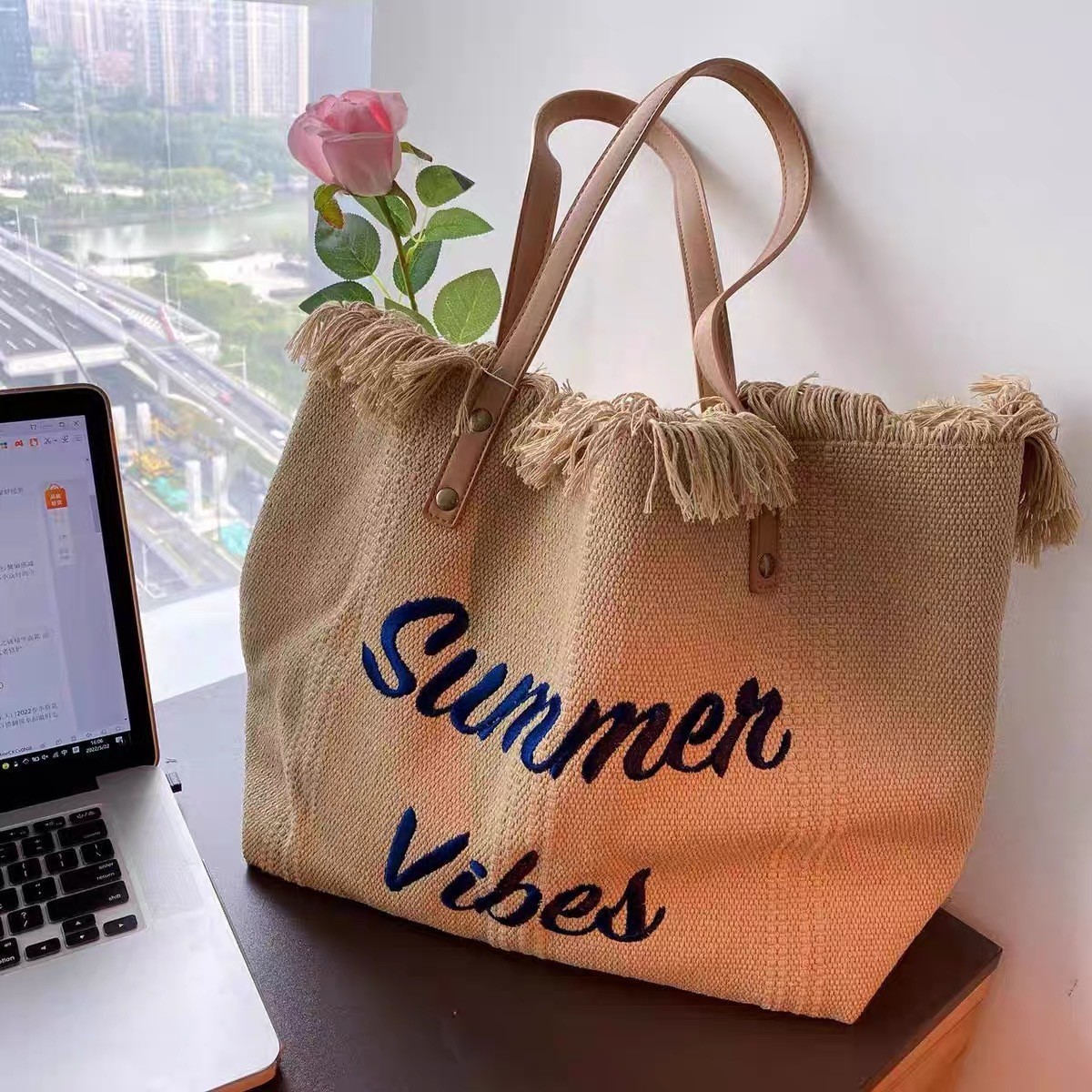 Free Shipping 2025 Women's Large Capacity Woven Tote Bag - Embroidered Lettering, Handheld & Shoulder Beach Bag