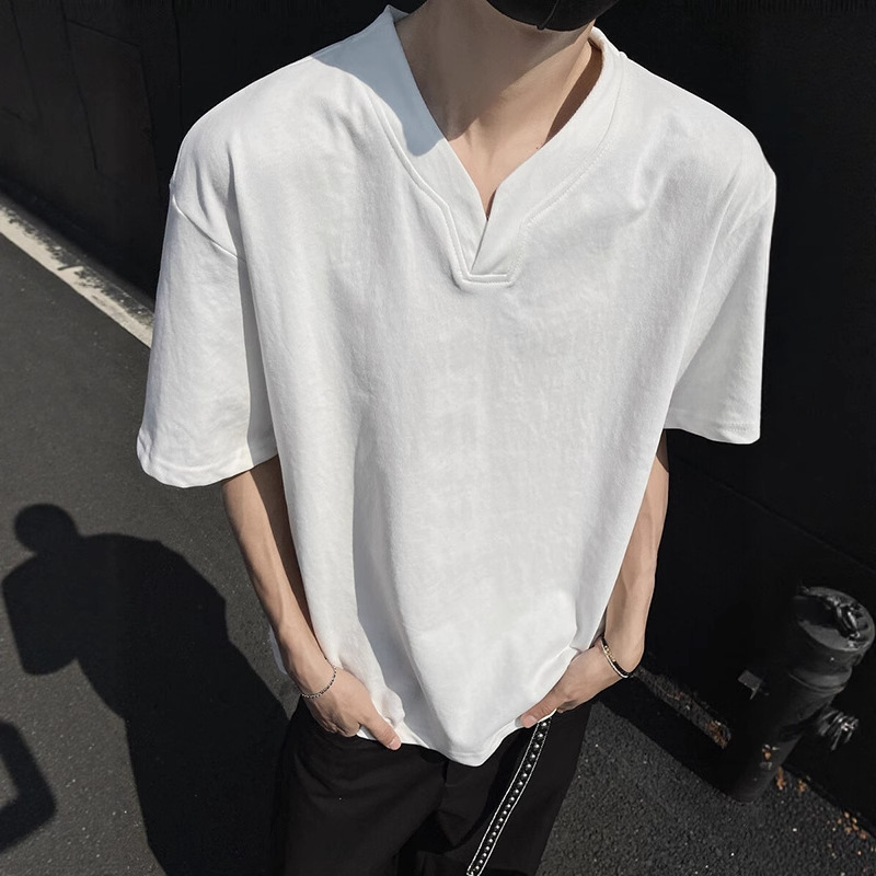 Black Heavyweight Solona T-shirt For Men Summer Cleanfit Henry V-neck Short Sleeve Designer Short Sleeves American High Street Regular Shoulder Half S