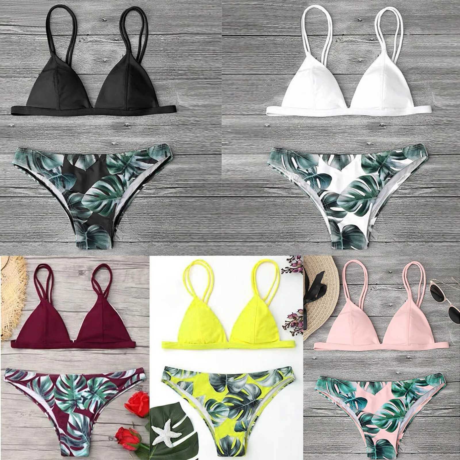 Leaves Print Bikini Set For Women Swimwear 2024 Padded Push-Up Beachwear Bather Bathing Set Beachwear Summer Bikini Set Femme XJ250624